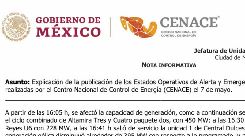 Nota informativa sobre las acciones y el estado operativo del Sistema Eléctrico Nacional